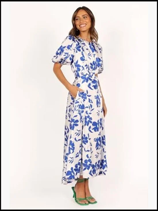 Maxi Dress with Puff Sleeves, Elastic Waist, Side Cutouts, Pockets - Picture 6 of 7